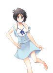  1girl alternate_costume alternate_hairstyle bangs bare_shoulders barefoot black_hair bleach blue_dress collarbone dress hair_between_eyes hand_on_hip highres kuchiki_rukia looking_at_viewer purple_eyes shinga smile solo white_background 