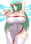  1girl aster_crowley bangs bare_shoulders blush bracelet bracer breasts cleavage dress green_eyes green_hair halo highres huge_breasts jewelry kid_icarus kid_icarus_uprising laurel_crown long_hair looking_at_viewer neck_ring palutena parted_bangs smile solo thick_thighs thighs white_dress 