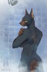  anthro bathing black_body black_fur breasts butt canid canine canis claws dobermann domestic_dog ear_piercing female fur hi_res inside looking_back mammal notched_ear nude piercing pinscher pixelflare rear_view scar scut_tail short_tail shower showering smile solo standing steam tail water yellow_eyes 