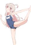  1girl ahoge armpits bangs bare_arms bare_legs bare_shoulders barefoot blonde_hair brown_eyes collarbone commentary flat_chest foot_out_of_frame hair_between_eyes highres leg_up legs long_hair looking_at_viewer matatabi_(2ccp) name_tag onii-chan_wa_oshimai! open_mouth oyama_mahiro simple_background solo white_background 
