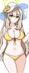  1090909io9 1girl bangs bare_arms bare_shoulders bikini blue_archive blush breasts brown_hair cleavage closed_mouth collarbone commentary_request flower front-tie_bikini_top front-tie_top green_eyes hair_between_eyes halo hat hat_flower highres large_breasts long_hair navel nonomi_(blue_archive) nonomi_(swimsuit)_(blue_archive) side-tie_bikini_bottom simple_background smile solo swimsuit very_long_hair white_background white_headwear yellow_bikini yellow_flower 