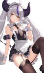  1girl absurdres ahoge apron demon_girl demon_horns frilled_apron frills garter_straps grey_hair highres hololive horns la+_darknesss long_hair looking_at_viewer maid maid_apron maid_headdress multicolored_hair necktie purple_hair simple_background streaked_hair striped_horns tail thighhighs thomas_8000 twintails very_long_hair white_apron 