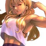  1girl 6maker armpits arms_up blonde_hair bra_strap breasts character_request closed_eyes commentary_request copyright_request large_breasts long_hair lowres muscular muscular_female sideboob solo stretching tank_top white_tank_top 