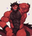  2023 abs absurd_res anthro beard black_body black_fur black_horn digital_drawing_(artwork) digital_media_(artwork) dragon facial_hair fur hi_res horn male nude pecs red_body red_scales scales simple_background solo wristband yed 