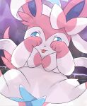  2022 3_toes ambiguous_gender blep blue_eyes bodily_fluids covering covering_eyes covering_face digital_media_(artwork) eeveelution feet feral fur generation_6_pokemon hi_res kemono looking_at_viewer nintendo paws pink_body pink_fur pokemon pokemon_(species) rumine solo sylveon tears toes tongue tongue_out white_body white_fur 