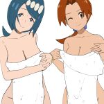  2girls ;) blue_eyes bracelet breasts bright_pupils brown_eyes brown_hair closed_mouth collarbone commentary delia_ketchum freckles glint highres jewelry lana&#039;s_mother_(pokemon) long_hair looking_at_viewer mature_female multiple_girls naked_towel no_sclera one_eye_closed pokemon pokemon_(anime) pokemon_sm_(anime) randerzero ring simple_background smile towel white_background white_pupils 