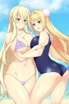  2girls ass beach bikini blonde_hair blue_eyes blue_sky blush braid breast_grab breasts bun_cover cleavage closed_mouth cloud commission french_braid grabbing highres iris_von_austria large_breasts lindaroze long_hair mashou_no_nie mireille_von_austria multiple_girls ocean one-piece_swimsuit open_mouth purple_bikini sand sky smile swimsuit very_long_hair 