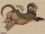  2023 all_fours anthro bangs bisbee bisbee_(itsbisbee) bovid butt butt_focus caprine chest_tuft colored crossed_arms digital_drawing_(artwork) digital_media_(artwork) eye_contact female genitals goat hair hi_res hooved_toes hooves horizontal_pupils itsbisbee looking_at_another looking_at_viewer looking_back lying mammal nude on_front pupils pussy raised_tail rear_view shaded short_hair simple_background simple_coloring simple_shading smile smiling_at_viewer solo tail tongue tongue_out tuft 