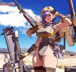  1girl armpits bangs beret blue_sky breasts bullet check_commentary circle_a closed_mouth cloud cloudy_sky colored_skin commentary_request desert facepaint gloves gun hat highleg highleg_leotard holding holding_gun holding_weapon large_breasts last_origin leotard machine_gun military military_hat military_uniform outdoors pink_eyes quick_camel rocket_launcher salute short_hair sky smile solo thighhighs two-finger_salute uniform weapon white_gloves white_hair white_leotard white_skin white_thighhighs yellow_headwear 