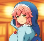  1girl arm_up bangs blue_headwear blue_shirt blurry blurry_background depth_of_field eyebrows_hidden_by_hair green_eyes hair_between_eyes looking_at_viewer looking_to_the_side lotus_eaters okunoda_miyoi pink_hair shirosato shirt solo touhou upper_body whale_hat 