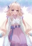  1girl absurdres ahoge bangs bow breasts closed_mouth enna_alouette flower gradient_hair hair_flower hair_ornament head_wings highres kiriii long_hair looking_at_viewer low_twintails multicolored_hair nijisanji nijisanji_en purple_eyes smile solo twintails very_long_hair virtual_youtuber wings 