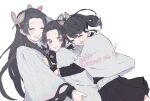  3girls ^_^ bangs belt black_hair butterfly_hair_ornament closed_eyes closed_mouth colored_tips cowboy_shot dated demon_slayer_uniform girl_sandwich hair_ornament haori happy happy_birthday hoshi_(pixiv61907525) hug japanese_clothes kimetsu_no_yaiba kochou_kanae kochou_shinobu laughing long_hair long_sleeves looking_at_viewer looking_to_the_side miniskirt multicolored_hair multiple_girls open_mouth pleated_skirt purple_eyes purple_hair sandwiched siblings side_ponytail simple_background sisters skirt streaked_hair tsuyuri_kanao updo white_background 