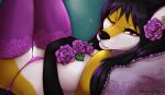  anthro breasts canid canine clothed clothing female fox fur hair kraven-gothly legwear looking_at_viewer mammal panties rocksy rose_(disambiguation) simple_background smile solo stockings underwear white_body yellow_body yellow_fur 