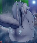  anthro bangs big_breasts big_butt blue_body breasts butt dragon fangs female fluffy fluffy_tail grey_hair hair hair_over_eye hand_on_hip hi_res horn hot_spring huge_breasts huge_butt long_hair long_tail looking_away moon muscular muscular_female night nipples nude one_eye_obstructed partially_submerged plant raised_tail rear_view red_nipples rock scales scalie scar sharp_teeth shrub slightly_chubby smile solo spiked_wings star steam stylish_apollo tail teeth thick_thighs water waterfall wet wide_hips wings zenchi_hasagami 