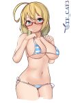  1girl absurdres ahoge alternate_costume bikini blonde_hair blue_bikini blue_eyes breasts cowboy_shot highres i-8_(kancolle) kantai_collection large_breasts low_twintails micro_bikini navel one-hour_drawing_challenge parted_lips red-framed_eyewear side-tie_bikini_bottom simple_background solo standing striped striped_bikini swimsuit tf_cafe twintails white_background 