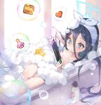  1girl aris_(blue_archive) bangs bathing black_hair blue_archive blue_eyes blush breasts bubble gning503 hair_between_eyes halo highres long_hair looking_at_viewer nude one_side_up playing_games rubber_duck solo towel towel_on_head very_long_hair water wet 