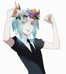  1other :d androgynous aqua_eyes aqua_hair aqua_nails arms_up bangs collared_shirt colored_skin crystal_hair flower gem_uniform_(houseki_no_kuni) glowing glowing_hair head_wreath houseki_no_kuni jiangtuan4 looking_to_the_side nail_polish necktie other_focus parted_bangs phosphophyllite puffy_short_sleeves puffy_sleeves shirt short_hair short_sleeves shorts sidelocks simple_background smile solo upper_body white_background white_skin 