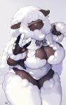  2023 anthro big_breasts black_body black_skin blade_shears bovid braided_fur breasts caprine cleavage_cutout curvy_figure eyes_closed female fur grey_background hair hi_res holding_hair holding_object kemono kishibe mammal naturally_censored navel_outline nude ribbons sheep simple_background slightly_chubby smile solo thick_thighs touching_hair voluptuous white_body white_fur white_hair wide_hips wool_(fur) wool_hair 