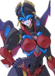  1girl autobot blue_eyes breasts flame_toys flame_toys_windblade hand_on_hip highres kasaki_yoshihiko large_breasts looking_at_viewer mecha mechanical_wings medium_breasts one_eye_closed parted_lips robot smile solo transformers white_background windblade wings 