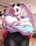  absurd_res big_breasts bottomwear breasts clothing dragon dressing female frill_(anatomy) hi_res huge_breasts humanoid pants red_eyes solo tagme tail toto_draw verdia_(ninstarrune) white_body yoga_pants 