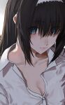  1girl black_hair blue_eyes breasts cleavage collarbone hairband idolmaster idolmaster_cinderella_girls looking_at_viewer open_collar partially_unbuttoned sagisawa_fumika sawarakajin shirt sidelocks simple_background solo upper_body white_hairband white_shirt 