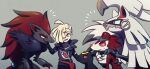  1boy aqua_eyes asymmetrical_hair blonde_hair bright_pupils chimera claws closed_mouth collarbone colored_sclera drawstring fang fox frown gladion_(pokemon) gradient_background green_eyes grey_background grey_eyes hair_over_one_eye highres lower_teeth_only lycanroc lycanroc_(midnight) male_focus open_mouth pokemon pokemon_(anime) pokemon_(creature) pokemon_sm_(anime) red_eyes red_sclera short_hair silvally smile solo teeth torn_clothes torn_sleeves ukata umbreon white_pupils wolf zoroark 