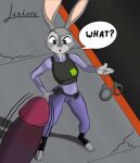  3_toes 5_fingers absurd_res anthro clothed clothing cuff_(restraint) disney duo english_text eyebrows feet female fingers fur genitals grey_body grey_fur grey_nose hi_res humanoid_genitalia humanoid_penis judy_hopps lagomorph leporid luxivox male mammal outside penis purple_penis rabbit raised_eyebrow restraints signature text toes zootopia 