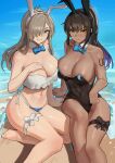  2girls absurdres animal_ears arm_support asuna_(blue_archive) asuna_(bunny)_(blue_archive) bare_shoulders beach black_hair black_leotard blue_archive blue_bow blue_bowtie blue_eyes bow bowtie breasts cleavage dark-skinned_female dark_skin detached_collar fake_animal_ears gradient_hair hair_over_one_eye highleg highleg_leotard highres karin_(blue_archive) karin_(bunny)_(blue_archive) large_breasts leotard light_brown_hair long_hair looking_at_viewer mole mole_on_breast multicolored_hair multiple_girls number_tattoo rabbit_ears sand shikube shore shoulder_tattoo strapless strapless_leotard tattoo traditional_bowtie water yellow_eyes 