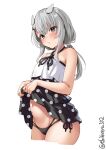  1girl bangs bare_shoulders black_panties blush clothes_lift cropped_legs dress dress_lift ebifurya grey_eyes grey_hair hair_ornament highres i-201_(kancolle) kantai_collection lifted_by_self looking_at_viewer low_twintails navel official_alternate_costume one-hour_drawing_challenge panties polka_dot polka_dot_dress side-tie_panties simple_background skirt skirt_lift solo sweatdrop thighs twintails twitter_username underwear white_background x_hair_ornament 