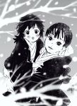  1boy 1girl :o aged_down bangs blurry braid braided_ponytail branch carrying child child_carry closed_mouth depth_of_field from_above greyscale haori japanese_clothes kimetsu_no_yaiba kimono komedawara0130 long_hair looking_at_viewer looking_up male_child monochrome motion_blur open_mouth single_braid smile surprised tomioka_giyuu tomioka_tsutako upper_body winter 