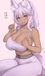  1girl :d animal_ear_fluff animal_ears aurora_(kanachirou) breasts cleavage dark-skinned_female dark_skin facial_mark fox_ears fox_girl fox_tail highres index_finger_raised kanachirou large_breasts long_hair meme midriff open_mouth original pants pink_hair pink_nails ponytail purple_eyes simple_background sketch slit_pupils smile solo sports_bra tail twitter_strip_game_(meme) twitter_username yoga_pants 