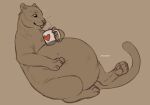  ambiguous_gender artist_name belly big_belly blep felid feral full-length_portrait glistening glistening_eyes hi_res holding_mug holding_object huge_belly mammal mug partially_colored pawpads portrait roobin simple_background solo tongue tongue_out whiskers 