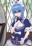  1girl absurdres alternate_costume anchor_print anchor_symbol blue_bow blue_bowtie blue_dress blue_eyes blue_hair blush bow bowtie commentary_request cosplay dress dress_bow enmaided frilled_dress frills gloom_(expression) highres hololive hoshimachi_suisei looking_at_mirror maid maid_headdress medium_hair minato_aqua minato_aqua_(cosplay) mirror nail_polish open_mouth puffy_short_sleeves puffy_sleeves shizukami_chiro short_dress short_sleeves side_ponytail sidelocks solo star_(symbol) star_in_eye symbol_in_eye virtual_youtuber wavy_mouth white_bow 