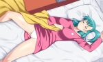  1girl aqua_hair bed blanket breasts bulma closed_eyes commission dragon_ball dragon_ball_(classic) dutch_angle large_breasts lindaroze lying on_back on_bed panties parted_lips pillow side_ponytail sleeping solo star_(symbol) thighs underwear web_address white_panties 