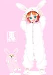 1girl 2023 :d animal animal_costume animal_ears animal_hood animal_slippers arms_up bangs blush brown_hair bunny_slippers chinese_zodiac clothed_animal commentary_request dog dog_ears fake_animal_ears fang green_eyes highres hood inuarashi meiko_(inuarashi) onesie original parted_bangs pink_background rabbit_costume rabbit_ears rabbit_hood shadow simple_background slippers smile solo white_footwear year_of_the_rabbit 