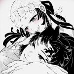  1boy 1girl arm_pillow blush couple earrings facial_mark hand_on_another&#039;s_head happy headdress hetero highres japanese_clothes jewelry kimetsu_no_yaiba kimono long_hair looking_at_another monochrome nagasawa_setsu portrait simple_background smile spot_color tsugikuni_yoriichi uta_(kimetsu_no_yaiba) 