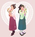  2girls absurdres ace_attorney bangs bangs_pinned_back black_hair blunt_bangs blush boots bouquet brown_eyes brown_hair closed_mouth floral_print flower full_body green_kimono hair_ribbon hair_rings hakama hakama_skirt happy_valentine highres holding holding_bouquet japanese_clothes kimono long_hair long_sleeves multiple_girls open_mouth pink_flower pink_kimono ponytail rei_membami ribbon skirt smile standing susato_mikotoba the_great_ace_attorney the_great_ace_attorney_2:_resolve updo wawe wide_sleeves 
