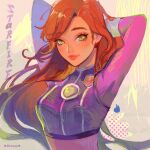  1girl arms_behind_head artist_name breasts character_name commentary crop_top dc_comics english_commentary highres lips long_hair medium_breasts midriff orange_hair polka_dot smile solo starfire teen_titans upper_body vicki_tsai yellow_eyes 