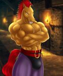  abs anthro belt big_bulge bottomwear bulge clothing crossed_arms dungeon equid equine fur hair hi_res horse looking_at_viewer male mammal mane mohawk muscular muscular_anthro muscular_male pants pecs red_hair red_mane solo stallion_(character) tail tan_body tan_fur white-snow-wolf words_worth 