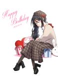  1girl alternate_costume bangs black_hair bleach bow box brown_skirt brown_sweater dated gift gift_box hair_between_eyes happy_birthday hat hat_bow heart high_heels highres kuchiki_rukia long_bangs long_skirt long_sleeves looking_at_viewer plaid plaid_skirt purple_eyes red_bow shinga side_ponytail skirt smile solo stuffed_animal stuffed_bunny stuffed_toy sweater white_background 