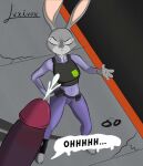  3_toes 4_fingers absurd_res angry anthro bodily_fluids clothed clothing cuff_(restraint) cum disney duo english_text eyebrows feet female fingers fur genital_fluids genitals grey_body grey_fur grey_nose hi_res humanoid_genitalia humanoid_penis judy_hopps lagomorph leporid luxivox male mammal outside penis purple_penis rabbit restraints signature text toes zootopia 