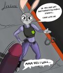  3_toes 5_fingers absurd_res anthro clothed clothing cuff_(restraint) disney duo english_text eyebrows feet female fingers fur genitals grey_body grey_fur grey_nose hi_res humanoid_genitalia humanoid_penis judy_hopps lagomorph leporid luxivox male mammal outside penis purple_penis rabbit raised_eyebrow restraints signature smile text toes zootopia 