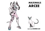  1girl animal_ears arcee beast_wars blue_eyes bright_pupils cat cat_ears character_name full_body gun hand_on_hip highres holding holding_gun holding_weapon maximal mecha no_humans oohara_tetsuya redesign robot science_fiction siamese_cat simple_background solo_focus standing tail tail_around_leg transformers weapon white_background white_pupils 