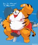  2023 absurd_res anthro blue_nose bodily_fluids bottomwear clothing felid frosted_flakes genital_fluids genitals hi_res kellogg&#039;s male mammal manlyster mascot moobs nipples obese obese_male overweight overweight_male pantherine penis precum shorts sitting solo tiger tony_the_tiger 