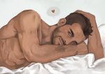  1boy arm_tattoo bara bed black_hair blue_eyes call_of_duty call_of_duty:_modern_warfare_2 closed_mouth facial_hair heart lying male_focus morithewitch muscular muscular_male on_bed on_side short_hair sidecut smile soap_(modern_warfare_2) solo tattoo topless_male upper_body 