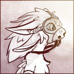  4_ears ambiguous_gender avali bust_portrait feathers gas_mask hair hatching_(art) long_hair mask monochrome multi_ear ornibulon portrait shaded solo visor 