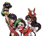  &gt;_&lt; 3girls animal_ears arm_up bangs black_hair blue_eyes blunt_bangs blush brown_hair caitlyn_(league_of_legends) character_request cowboy_shot crying doll dress firecracker_jinx fur-trimmed_dress fur_trim gauntlets green_eyes green_hair holding holding_doll jinx_(league_of_legends) league_of_legends long_hair multiple_girls mythmaker_caitlyn open_mouth phantom_ix_row rabbit_ears red_dress short_hair short_sleeves simple_background sweatdrop twintails vi_(league_of_legends) white_background 