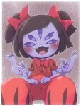  5_eyes 6_arms accessory animal_humanoid arachnid arachnid_humanoid arthropod arthropod_humanoid black_hair blush bow_ribbon bow_tie clothed clothing doneru fangs female frilly frilly_clothing hair hair_accessory hair_bow hair_ribbon hi_res humanoid looking_at_viewer muffet multi_arm multi_eye multi_limb purple_body ribbons simple_background sitting smile solo spider_humanoid teeth undertale undertale_(series) young 