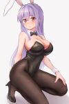  1girl :/ absurdres animal_ears black_bow black_bowtie black_leotard bow bowtie breasts cleavage detached_collar extra_ears forneus_0 high_heels highres large_breasts leotard long_hair looking_at_viewer pantyhose playboy_bunny rabbit_ears red_eyes reisen_udongein_inaba solo touhou wrist_cuffs 