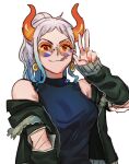  1girl bare_shoulders earrings feichangkou gradient_hair green_jacket highres horns jacket jewelry long_hair multicolored_hair one_piece oni_horns orange-tinted_eyewear ponytail round_eyewear shirt sidelocks sleeveless sleeveless_shirt smile solo_focus tinted_eyewear tongue tongue_out upper_body v white_background white_hair yamato_(one_piece) 